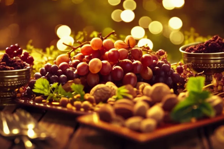 A rustic wooden table adorned with a colorful spread of small bowls filled with grape pudding, nuts, and spices, surrounded by grape vines and a glass of deep red wine.