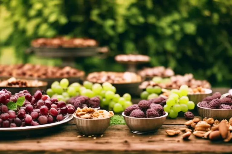 A rustic wooden table with a colorful spread of grape puddings, adorned with nuts and fruits, and surrounded by lush greenery.