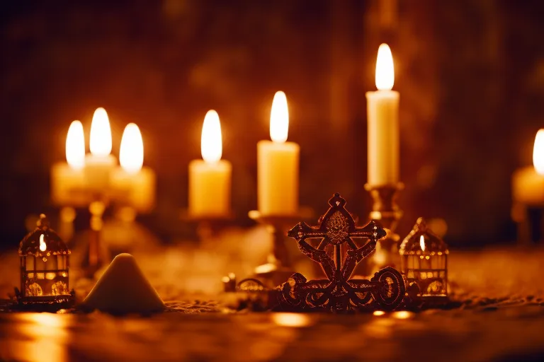 A photo of a dimly-lit, ornate room with a religious symbol in the foreground and candles flickering in the background.