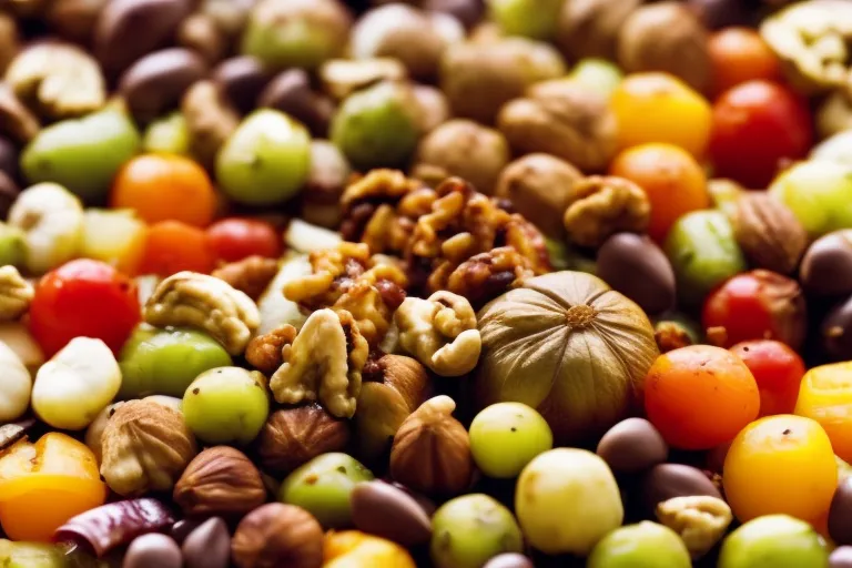 A colorful array of boiled vegetables, spices, and walnuts arranged in an abstract pattern on a plate.