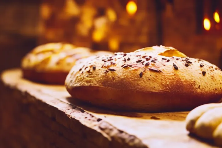 A rustic clay oven with freshly baked bread inside, surrounded by colorful spices and herbs.