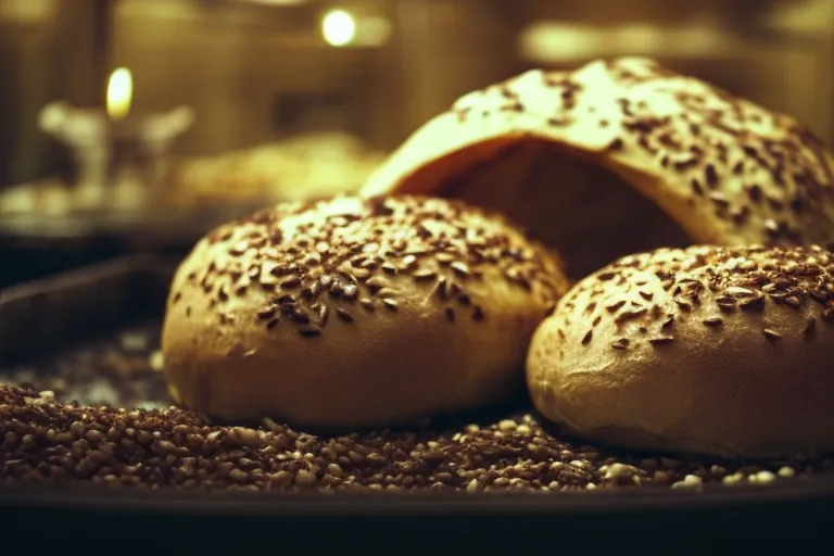 A rustic oven with golden bread inside, surrounded by grains and herbs.