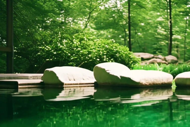 A tranquil scene featuring a serene indoor pool surrounded by lush greenery and natural stone accents. The water reflects the tranquil environment, inviting relaxation and rejuvenation.