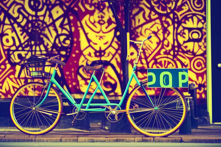 A bicycle leaning against a colorful wall adorned with intricate patterns and designs, with a sign above it indicating the various routes to explore in the city. The photo should have a vintage filter.