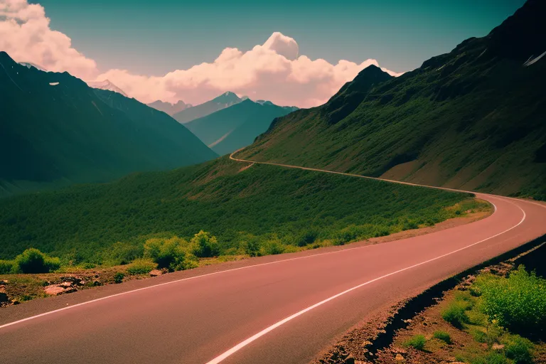A winding road leads towards a distant mountain range, with a small car in the foreground. The colors are muted with a hazy, dreamlike quality.