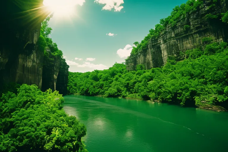 A limestone cliff with lush greenery and a clear blue river flowing underneath.