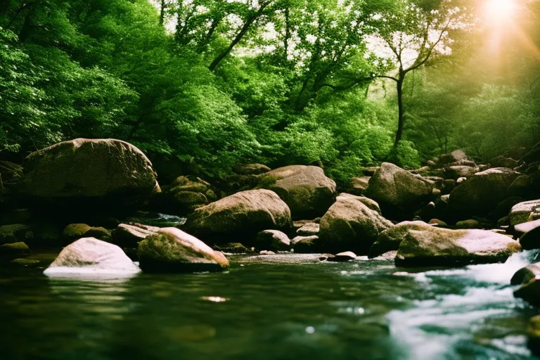 A serene river surrounded by lush greenery with a series of rocks leading to the other side.
