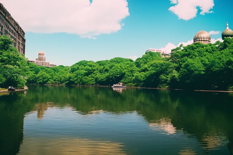 A peaceful river flows through a city, surrounded by lush greenery and historic architecture. The water reflects the colors of the sky as a boat glides along.