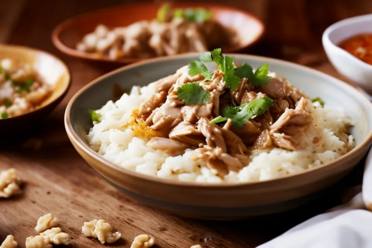 A rustic wooden table adorned with a colorful patterned cloth, set with a traditional ceramic bowl of creamy walnut sauce alongside a plate of tender shredded chicken and a side of fluffy white rice.
