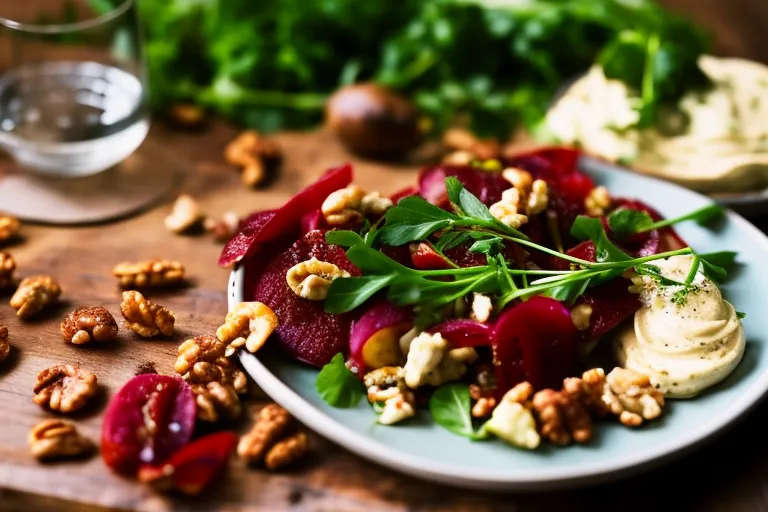 A rustic wooden table adorned with a colorful spread of satsivi, fresh herbs, and a bottle of wine. The creamy walnut sauce is the centerpiece of the photo, highlighting the dish's cultural significance and health benefits.