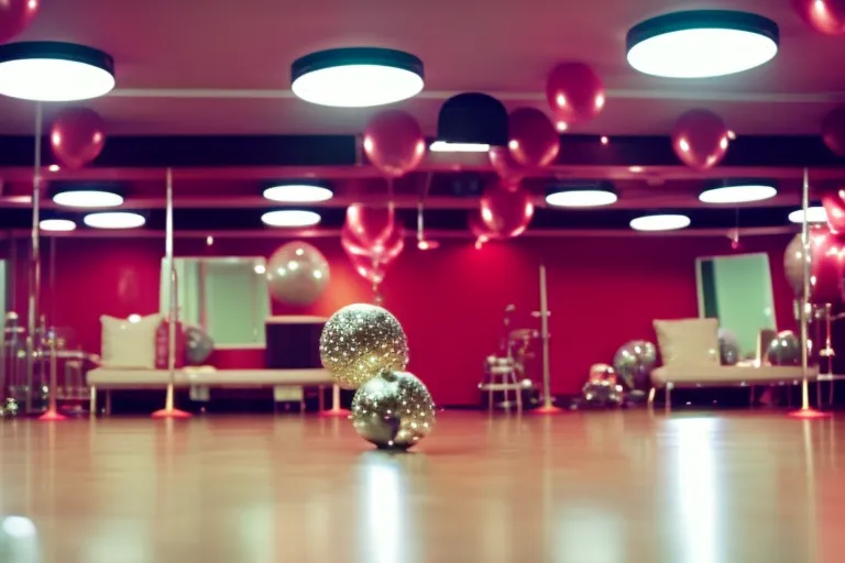A colorful dance studio with various dance props and equipment, including mirrors, ballet bars, and a disco ball.