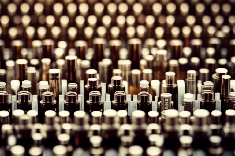 A photo of various colorful beauty products arranged in neat rows with a blurred background.