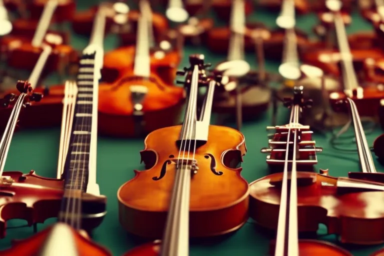 A colorful array of musical instruments displayed on a vibrant, textured background.