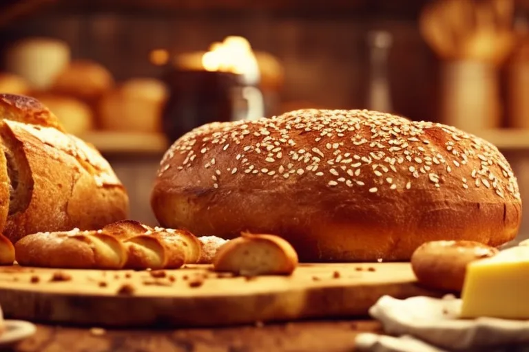 A rustic scene of a clay oven with freshly baked bread on a wooden board next to it, surrounded by ingredients such as cheese, jam, and butter.