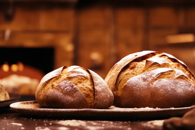A rustic, clay oven with freshly baked bread inside and a scattering of flour on the countertop.