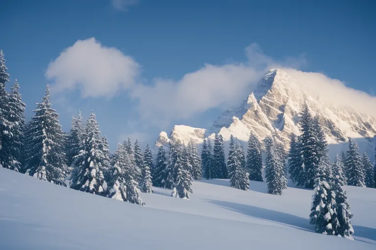 A snow-covered mountain peak towering over a quaint village in the valley below, surrounded by pine trees and a hint of winter mist.