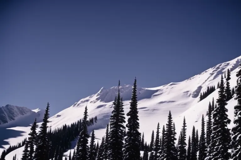 A snowy mountain peak with a winding ski trail leading down towards a cozy winter cabin nestled among the trees.
