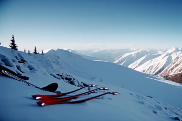 A snowy mountain slope with skis and poles arranged neatly in the foreground. The background features a foggy mountain range and a bright blue sky.