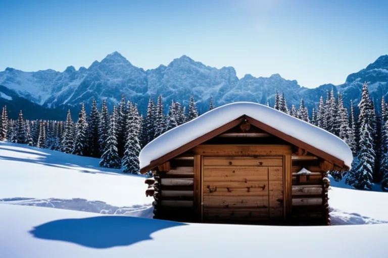 A snowy landscape with a pair of skis and a snowboard leaning against a wooden hut, surrounded by untouched snow and a distant mountain range.
