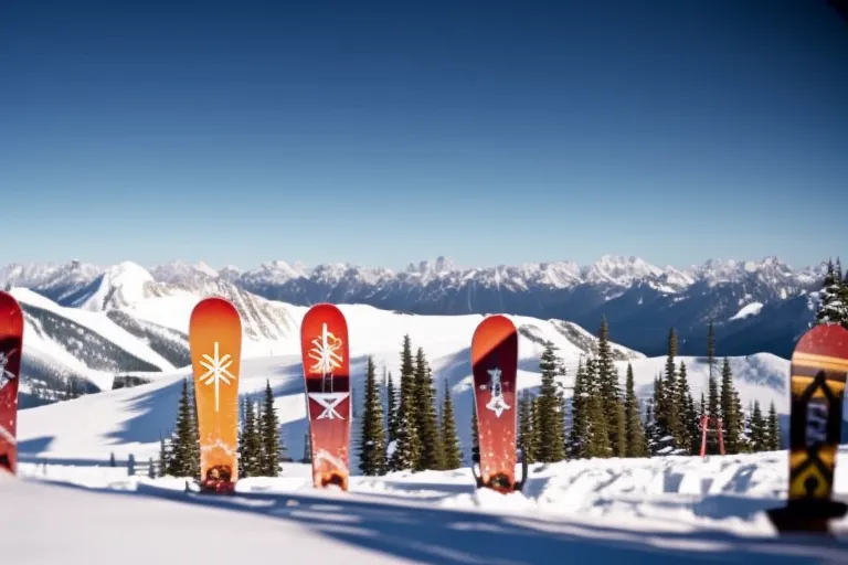 A snowy mountain range looms in the distance, while in the foreground there are colorful skis and snowboards propped up against a rustic wooden cabin.