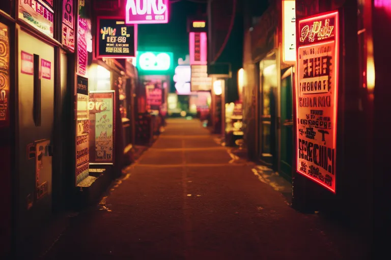 A neon-lit alleyway filled with colorful signs, leading to a hidden entrance with a bouncer.