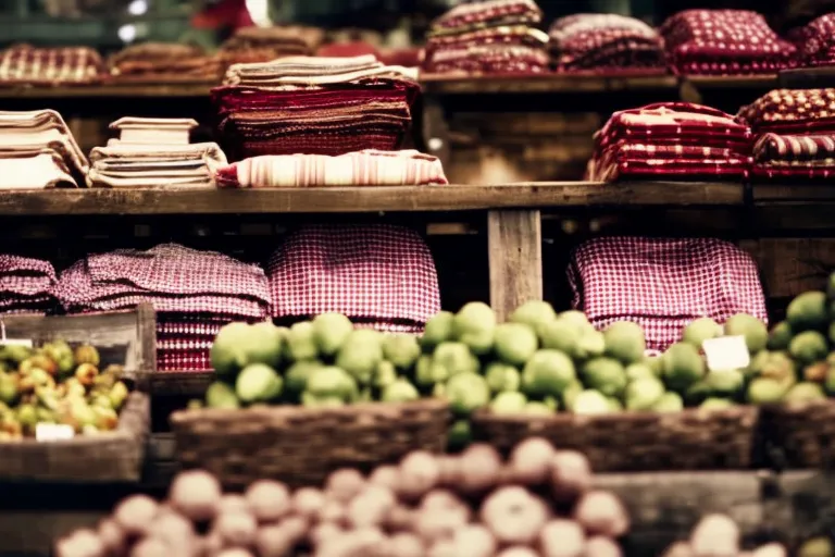 A colorful and eclectic mix of handmade textiles, fresh produce, and unique trinkets displayed on rustic tables and carts at an outdoor market.