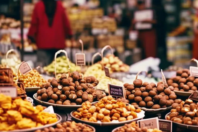 A colorful display of handcrafted items and local delicacies in a bustling open-air market.