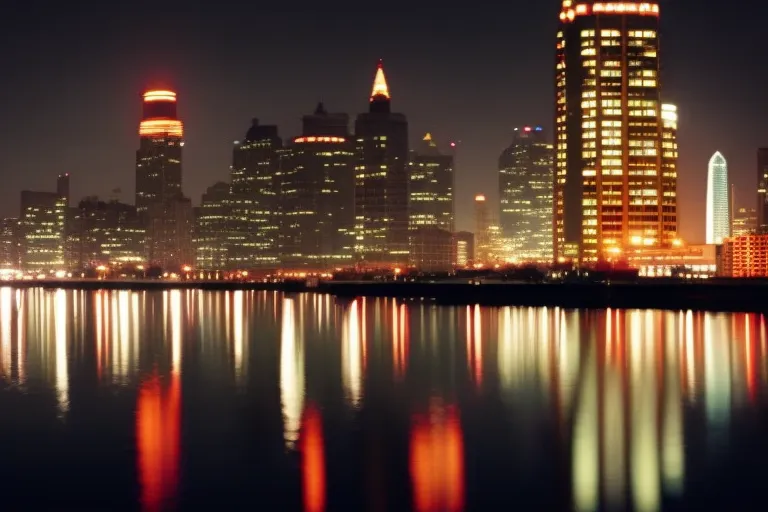 A vibrant and colorful cityscape at night, with bright lights shining from buildings and reflections in the water below.