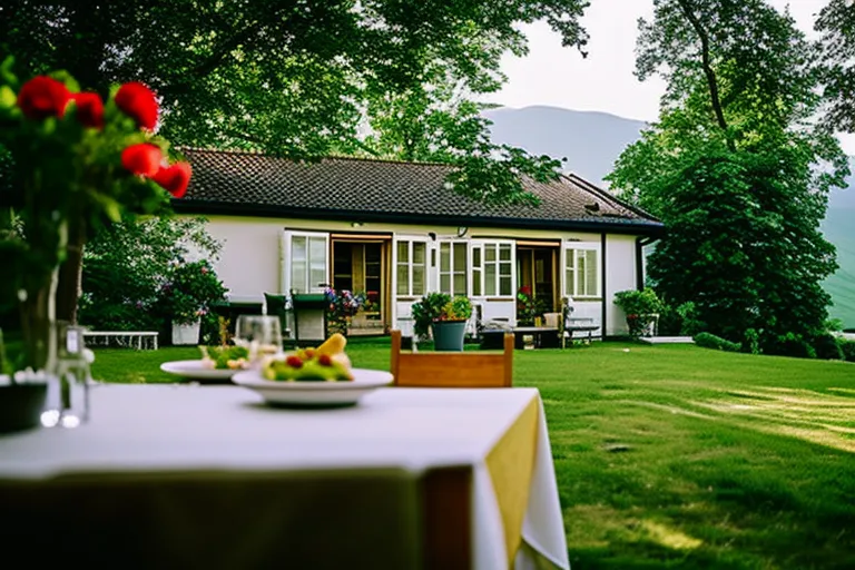 A photo of a traditional Georgian guesthouse, with a warm and inviting atmosphere. The building features traditional architecture and is surrounded by lush greenery and colorful flowers. A table is set outside, ready for guests to enjoy a meal while taking in the beautiful surroundings.