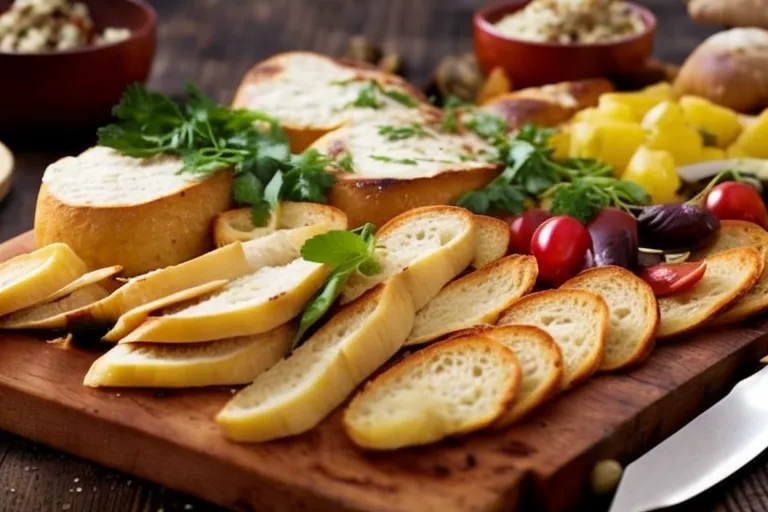A rustic wooden board with sliced Sulguni cheese, freshly baked bread, and an assortment of colorful vegetables and herbs arranged in a rustic display.