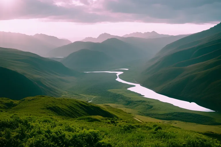 A serene, misty mountain landscape with rolling hills and a winding river cutting through the valley below.