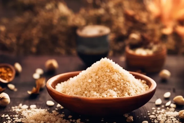 A photo of a rustic wooden bowl filled with Svanetian Salt and surrounded by a variety of dried herbs and spices, with an ethereal glow emanating from the background.
