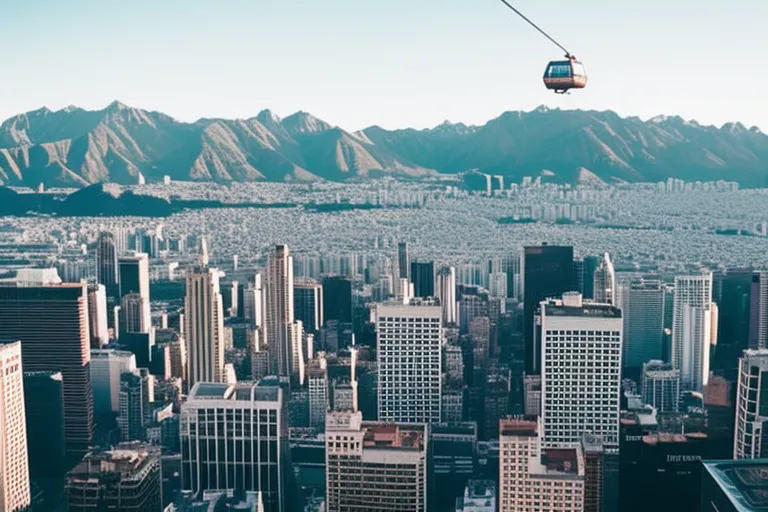 Aerial view of a city skyline with mountains in the background. The cable car is seen in the foreground, providing an adventurous way to explore the city.