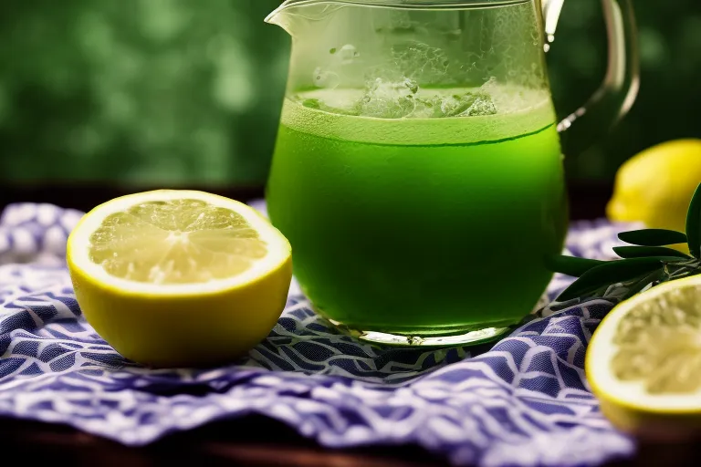 A glass pitcher filled with a vibrant green drink on a patterned tablecloth, surrounded by slices of lemon and sprigs of tarragon.