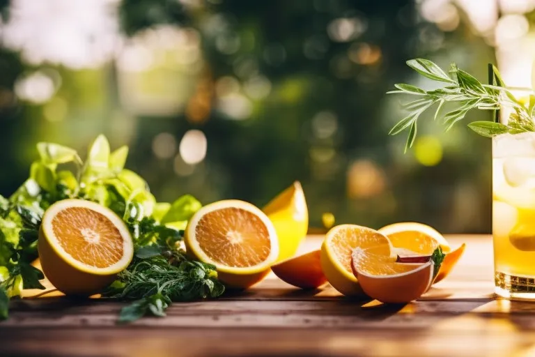 A refreshing drink sits on a wooden table, surrounded by sprigs of herbs and slices of citrus fruit. The sunlight streaming in from a nearby window adds a warm glow to the scene.