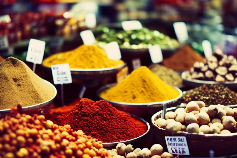 A colorful display of local produce and spices arranged in a bustling market setting.