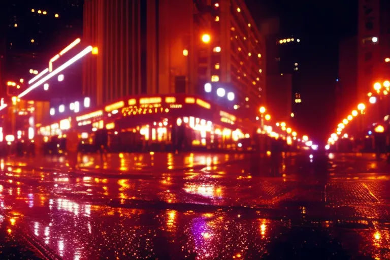 A vibrant and colorful street at night, with neon lights illuminating the bustling crowds and reflecting off of wet pavement.