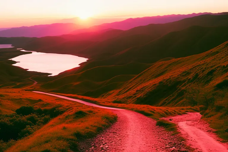 A serene landscape with rolling hills, a calm body of water, and a winding path leading into the distance. The sky is painted with soft hues of pink and orange as the sun sets in the horizon.
