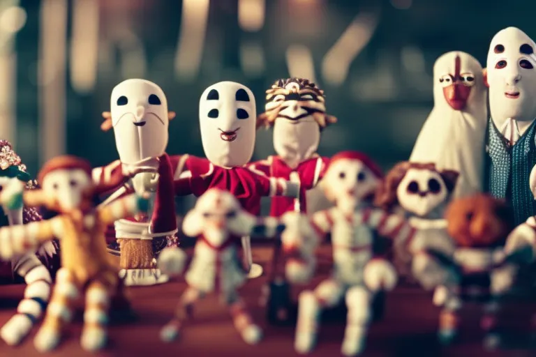 A colorful display of various puppetry styles in a whimsical setting.