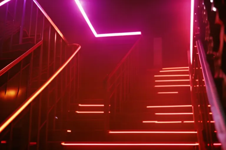 A neon-lit staircase leading down into a dimly lit space, with hints of red and blue hues, suggestive of an exciting underground club.