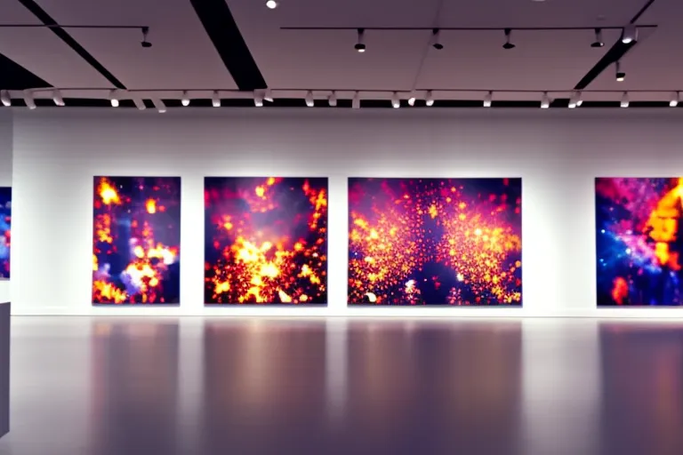 A colorful and abstract art installation on display in a spacious, modern gallery with high ceilings and natural light filtering in through large windows.