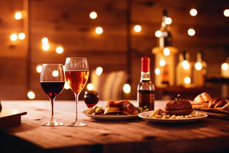 A cozy and intimate atmosphere is captured in a photo featuring warm lighting, rustic wooden textures, and vintage decor. The focus is on a small table with glasses and a bottle of wine, inviting viewers to imagine themselves enjoying après-ski activities in a charming spot.