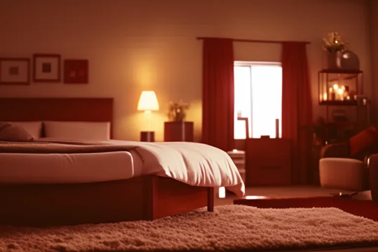 A cozy and stylish room with warm lighting and unique decor.