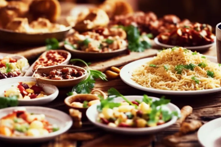 A colorful spread of Georgian cuisine displayed on a wooden table in a rustic setting.