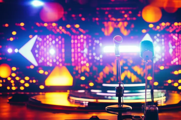 A neon-lit stage with a microphone in the center, surrounded by colorful abstract shapes and patterns.