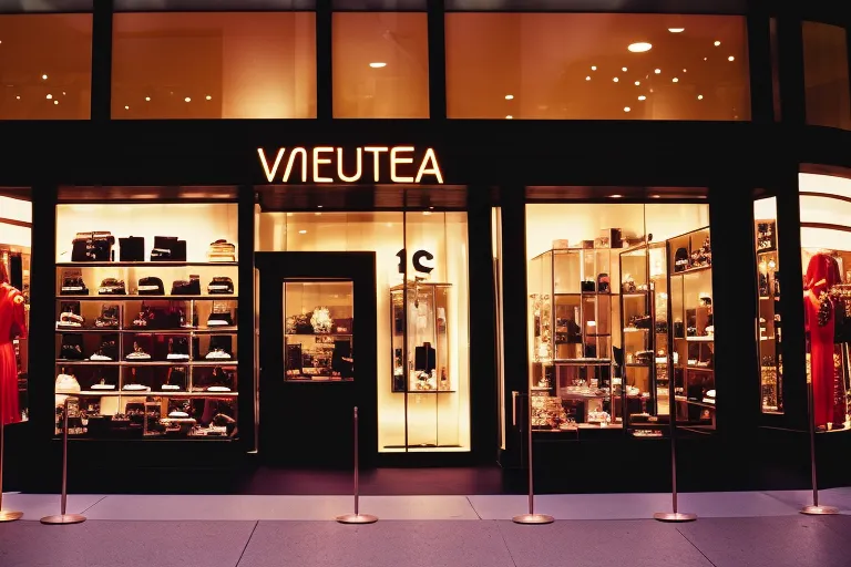 A luxurious storefront display with vibrant colors and stunning lighting, showcasing high-end fashion items and accessories.