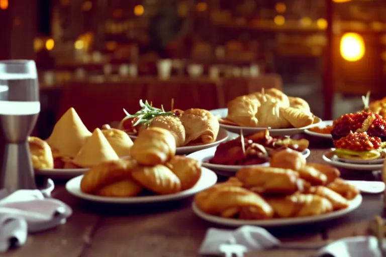 A colorful spread of traditional street food from an unknown city, including savory pastries, meat dishes, and a unique soda. The food is arranged on a rustic wooden table with a vibrant backdrop of local textiles and ceramics.