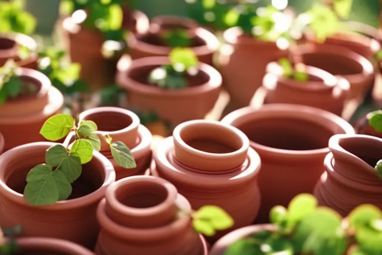 A beautiful arrangement of various colored clay pots filled with grapes and surrounded by lush green vines.