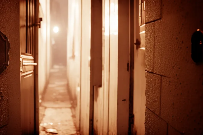 A misty alleyway with a single streetlamp illuminating a door with peeling paint and a rusted doorknob.