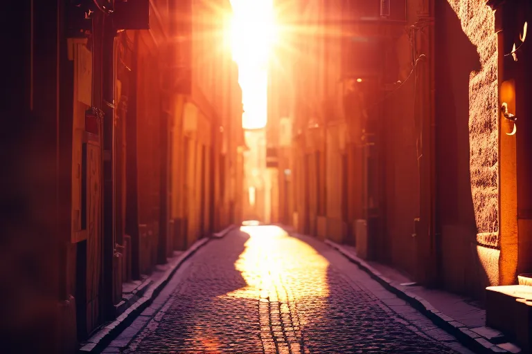 A winding alleyway with vibrant colors and intriguing doorways leads to a hidden marketplace filled with unique treasures and antiques. The sun casts a warm glow on the scene, inviting the viewer to explore.